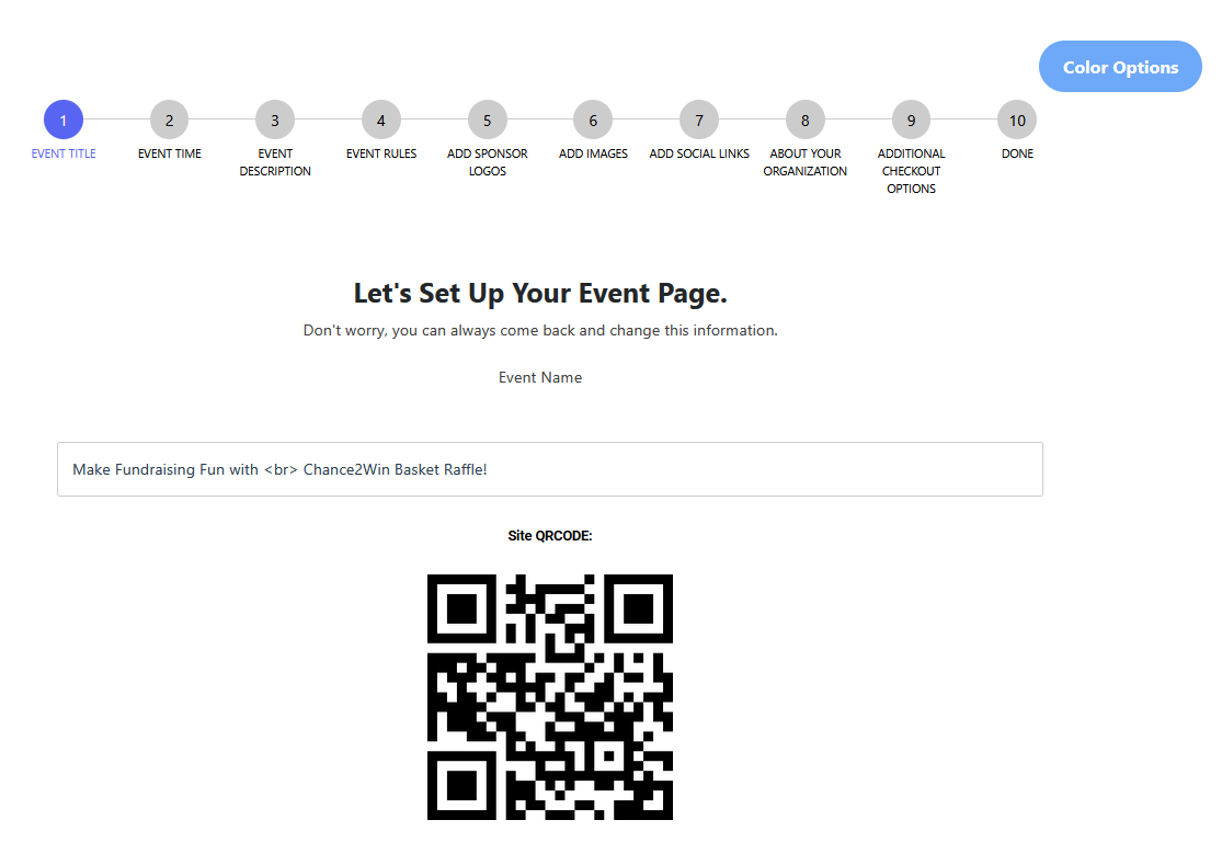 Step 1 – Enter event title and view QR code in Chance2Win