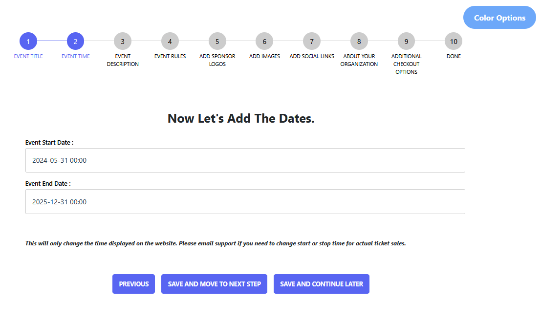 Step 2 – Set event start and end dates in Chance2Win