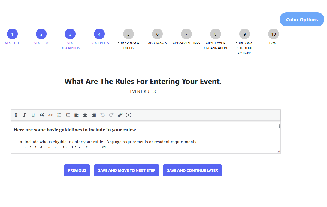 Step 4 – Enter raffle rules and eligibility