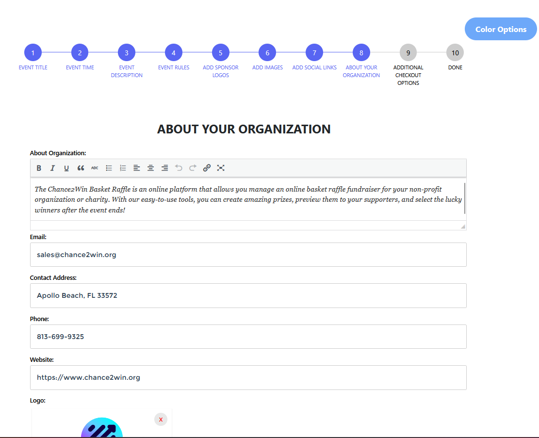 Step 8 – About your organization details and logo
