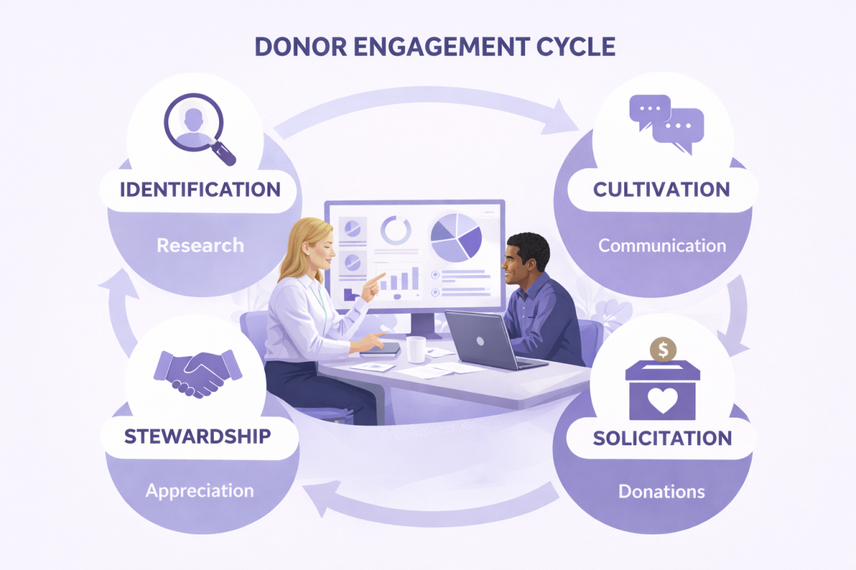 Donor management cycle Donor management cycle showing identification, cultivation, and stewardship