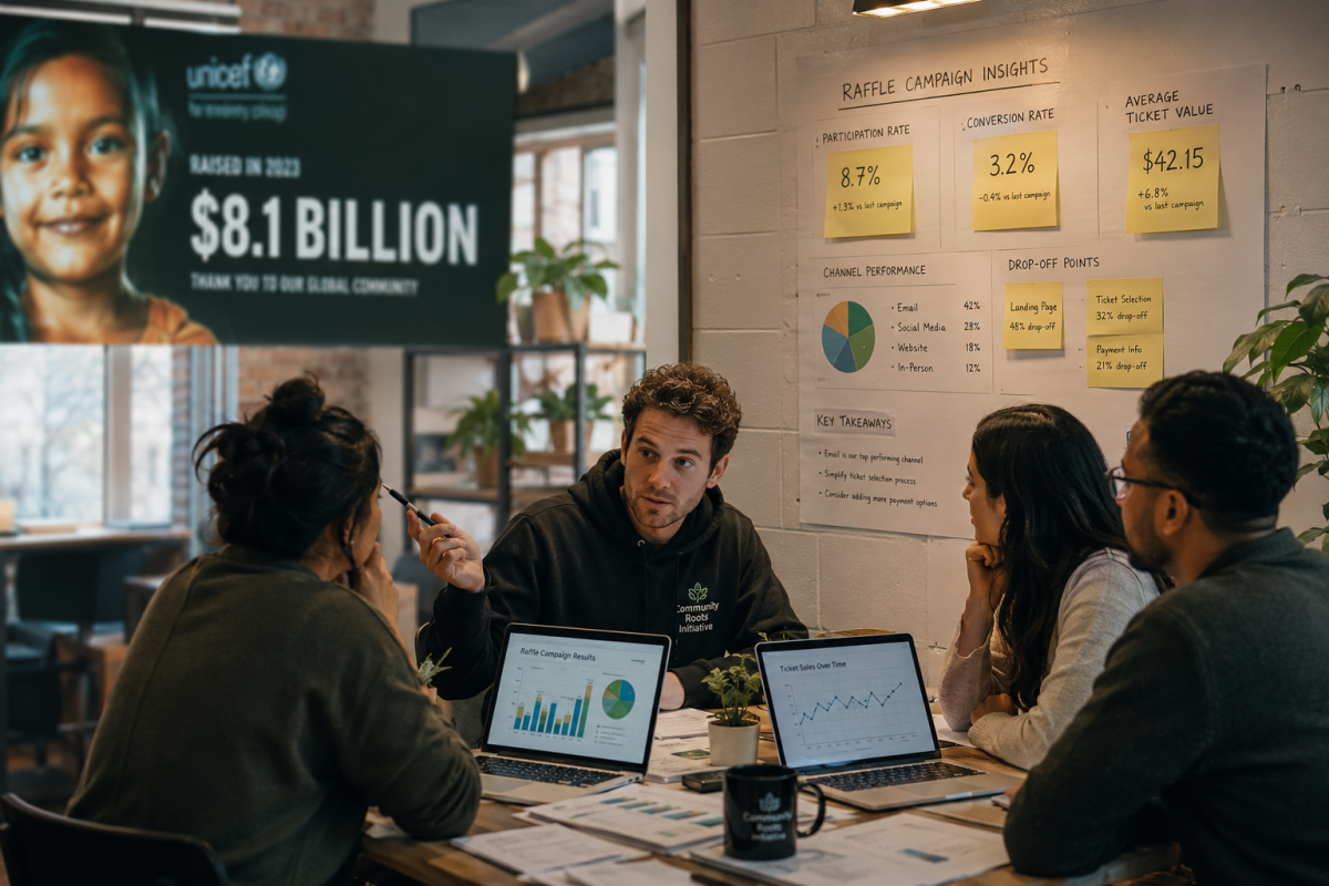 Fundraising organizer reviewing realistic goals and key metrics for a first charity raffle campaign
