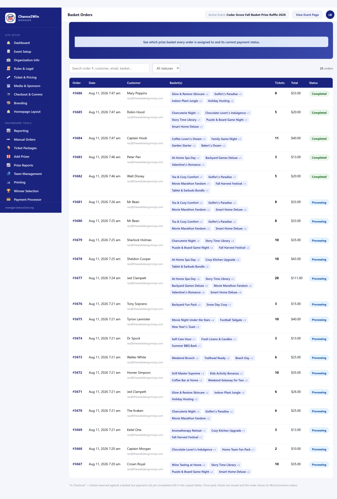 Basket Orders tool — customer, allocations, ticket numbers, totals, status