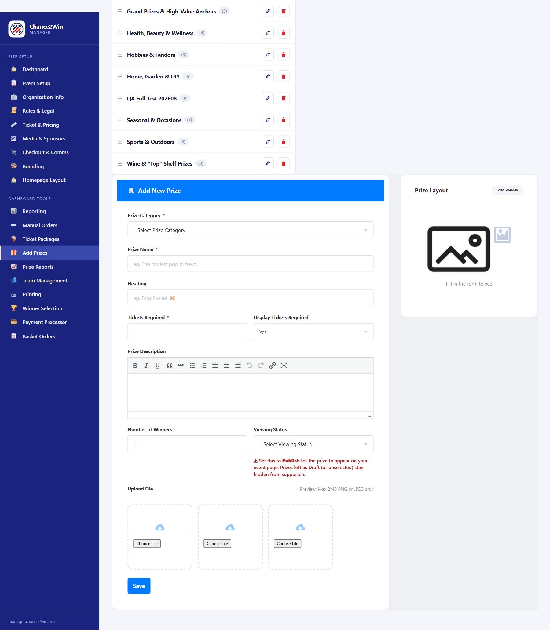 Create / Edit Basket form with all fields and image slots