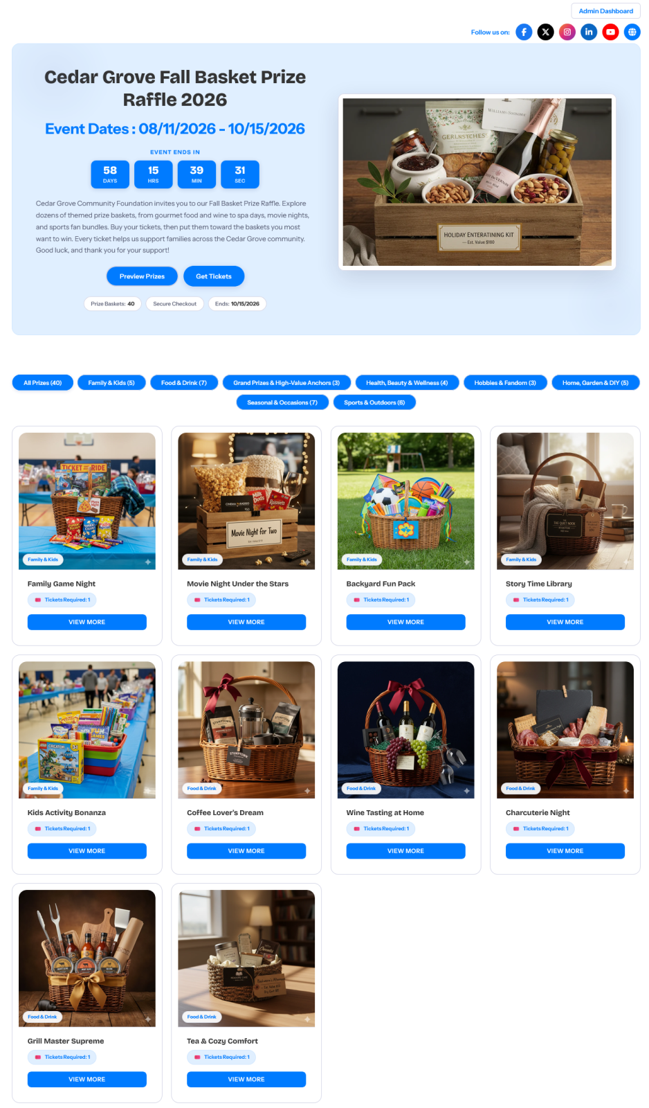 Public event page showing prize baskets grouped into categories