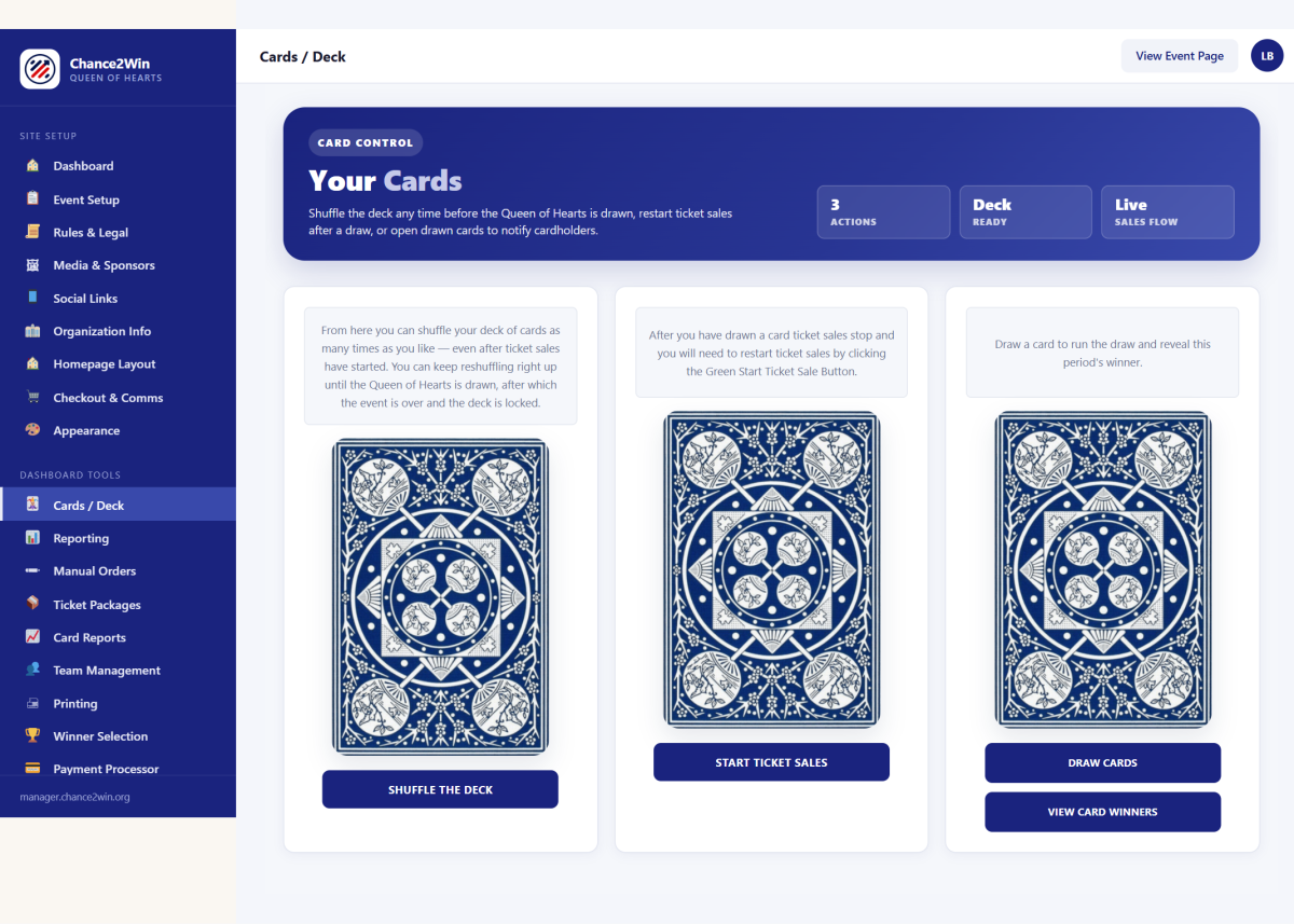 Card setup screen for the Queen of Hearts board