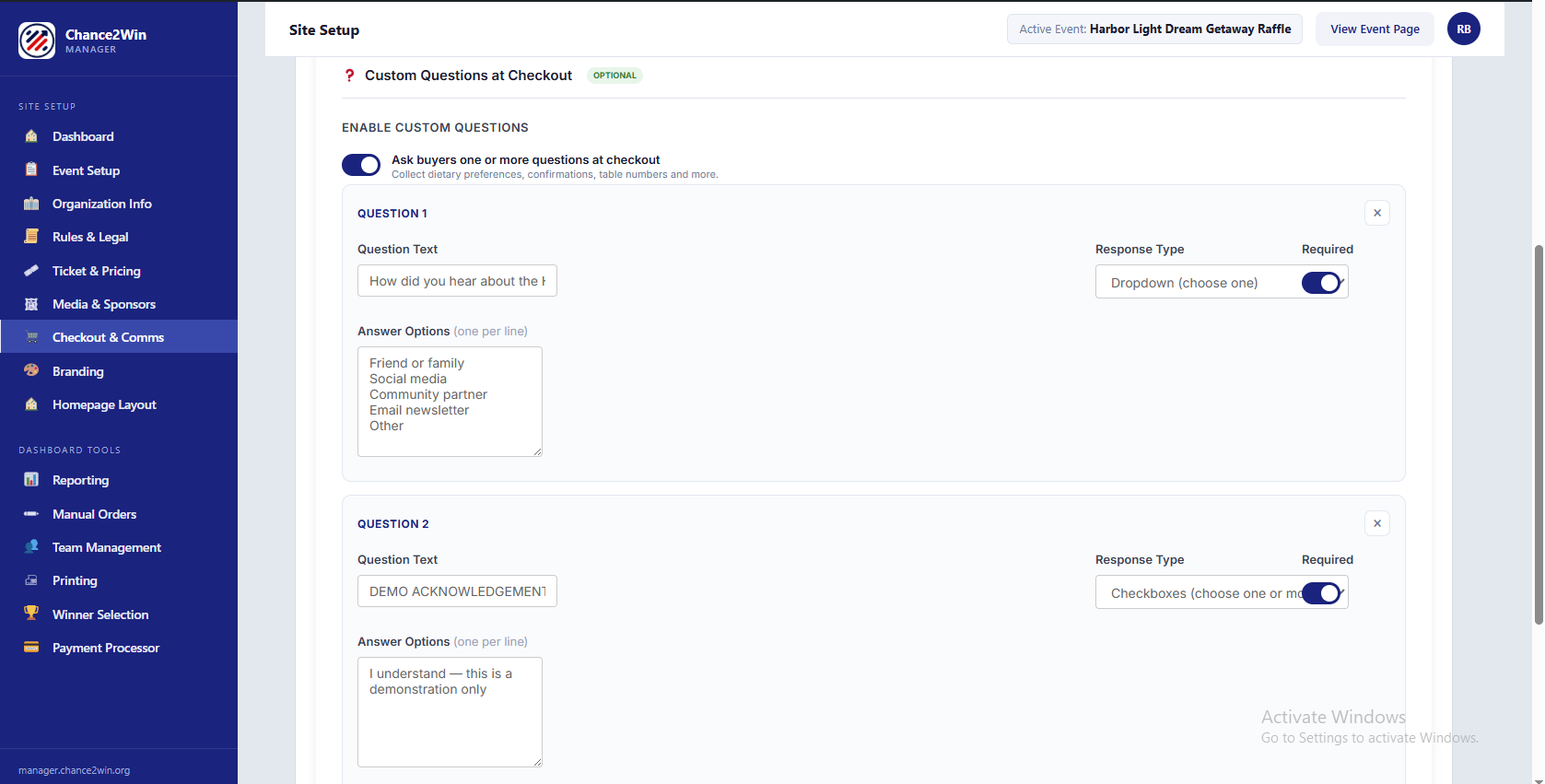 Custom Question at Checkout configuration