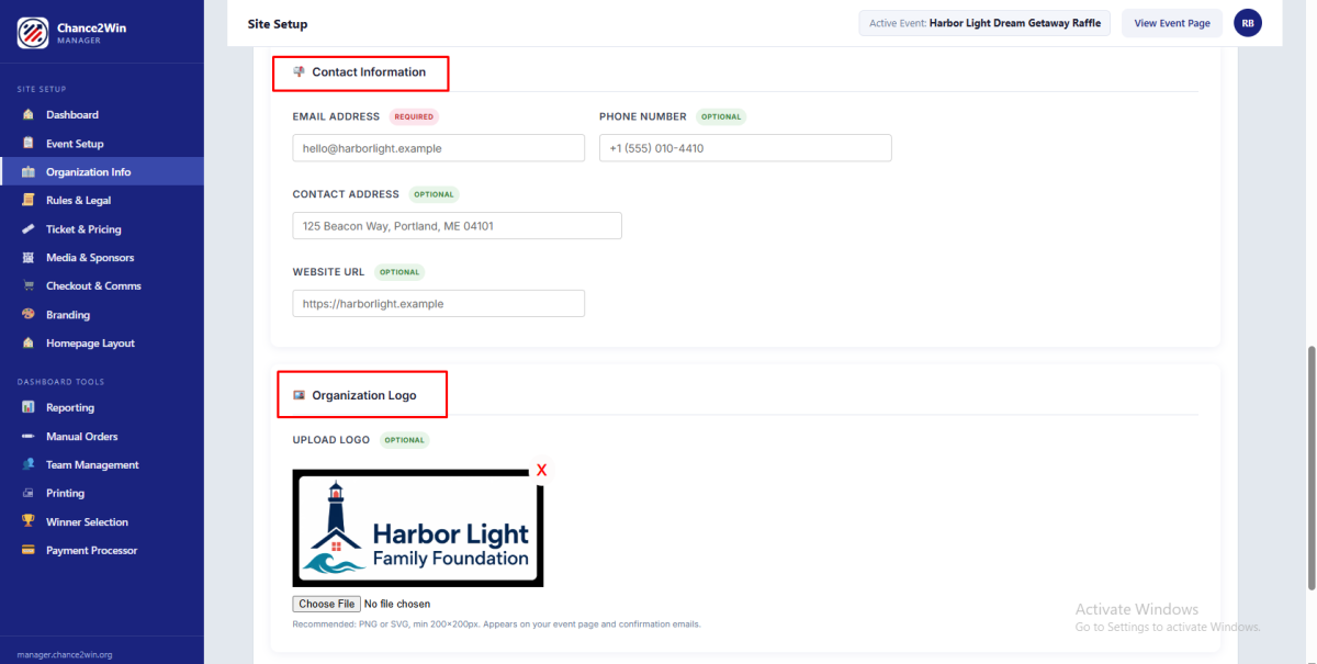 Event Contact Information fields and logo upload