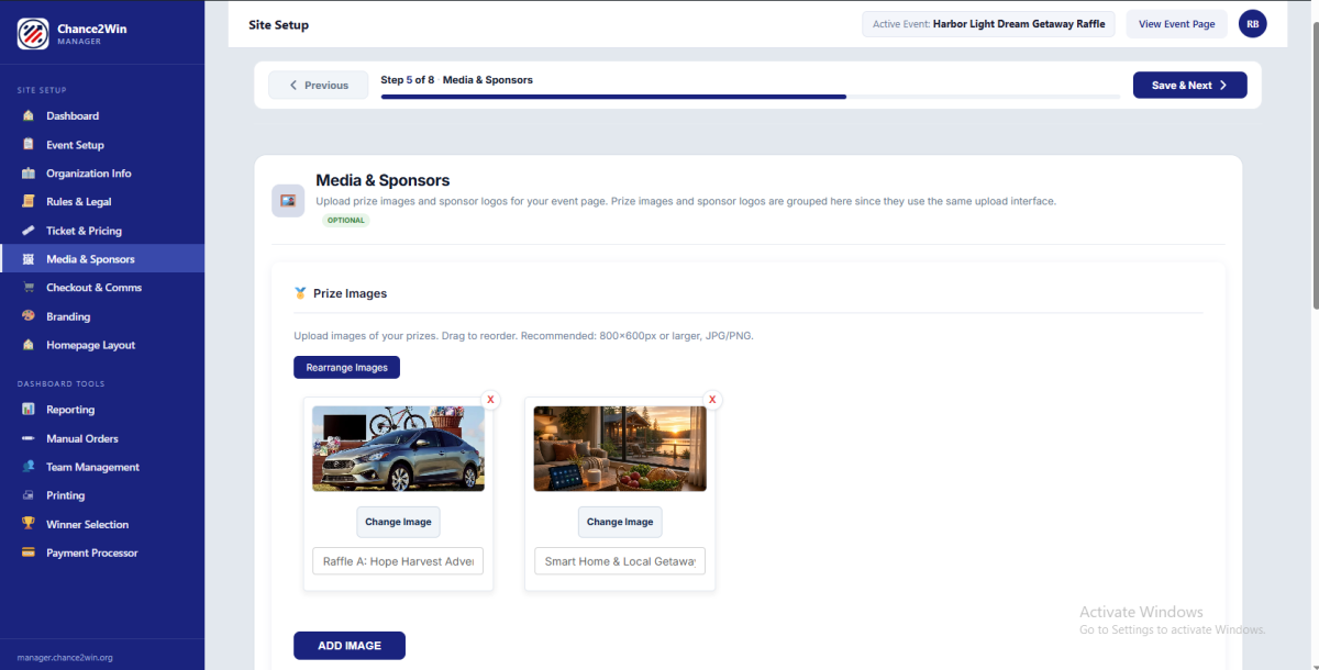 Prize Images uploader, with drag-to-reorder