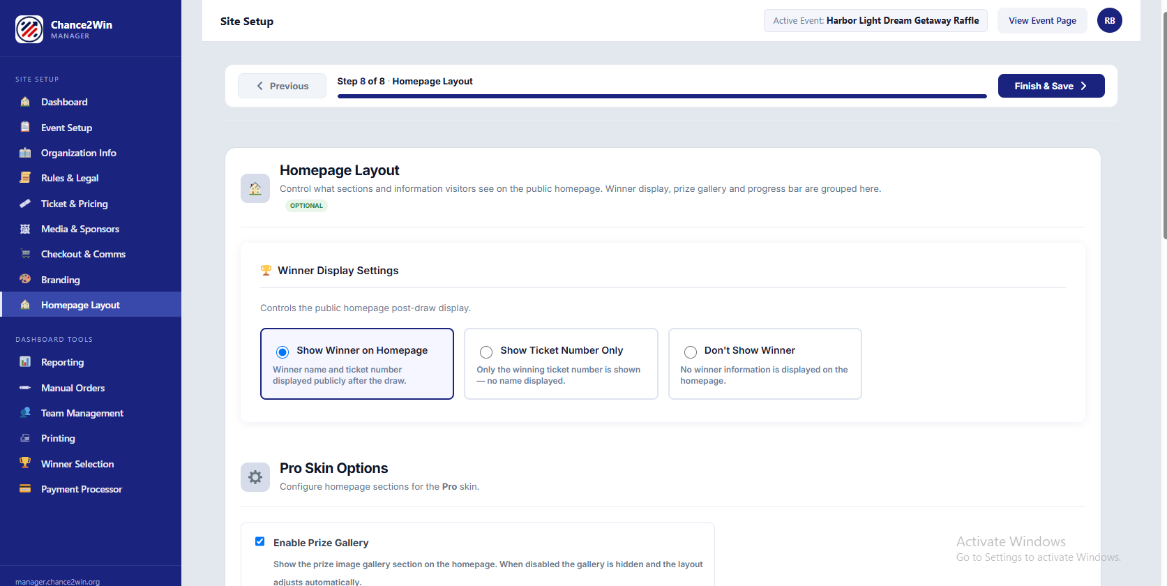 Homepage Layout toggles: photos, progress bar, contributions strip, countdown