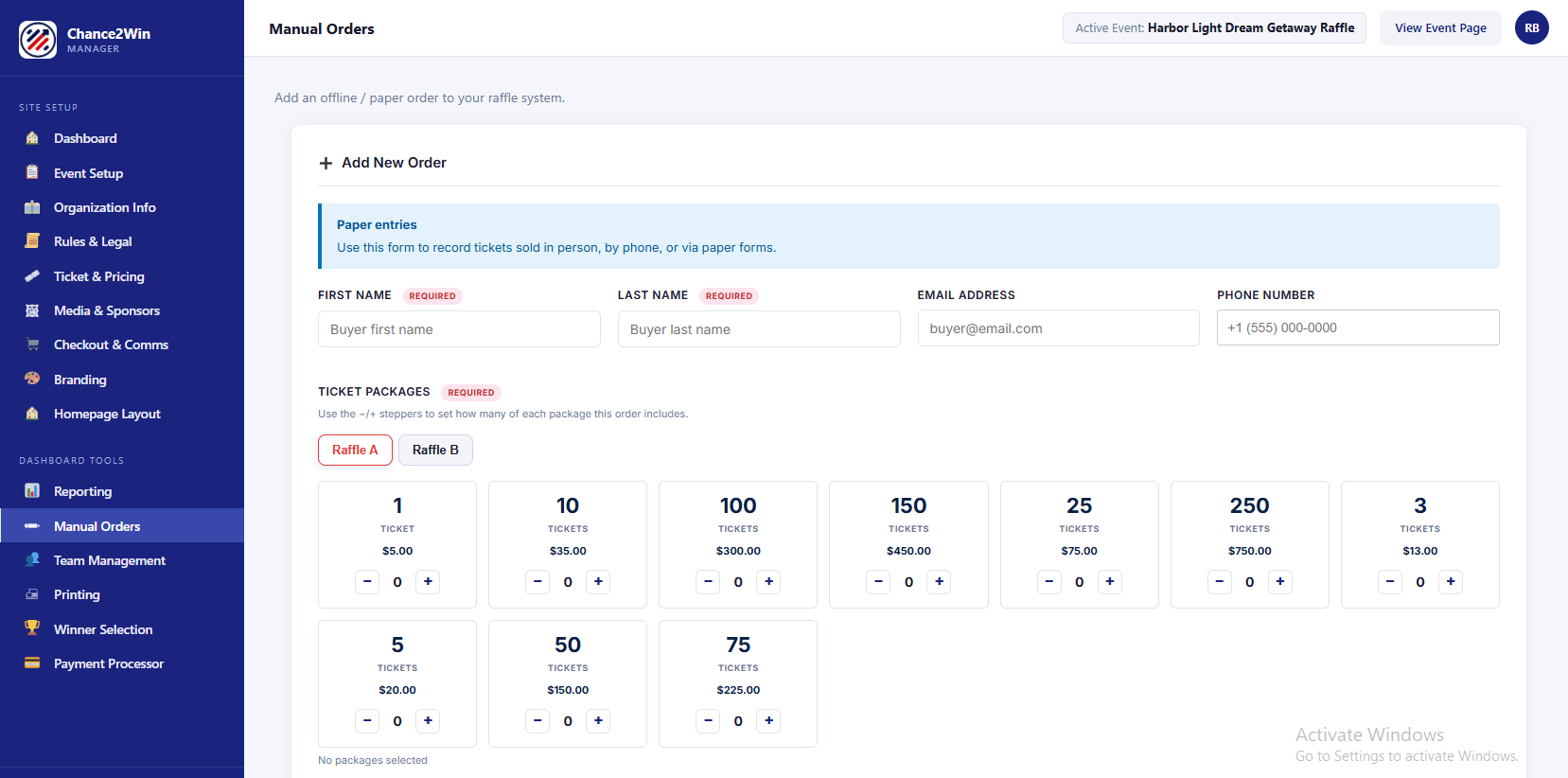 Manual Order Entry form with buyer fields and ticket steppers