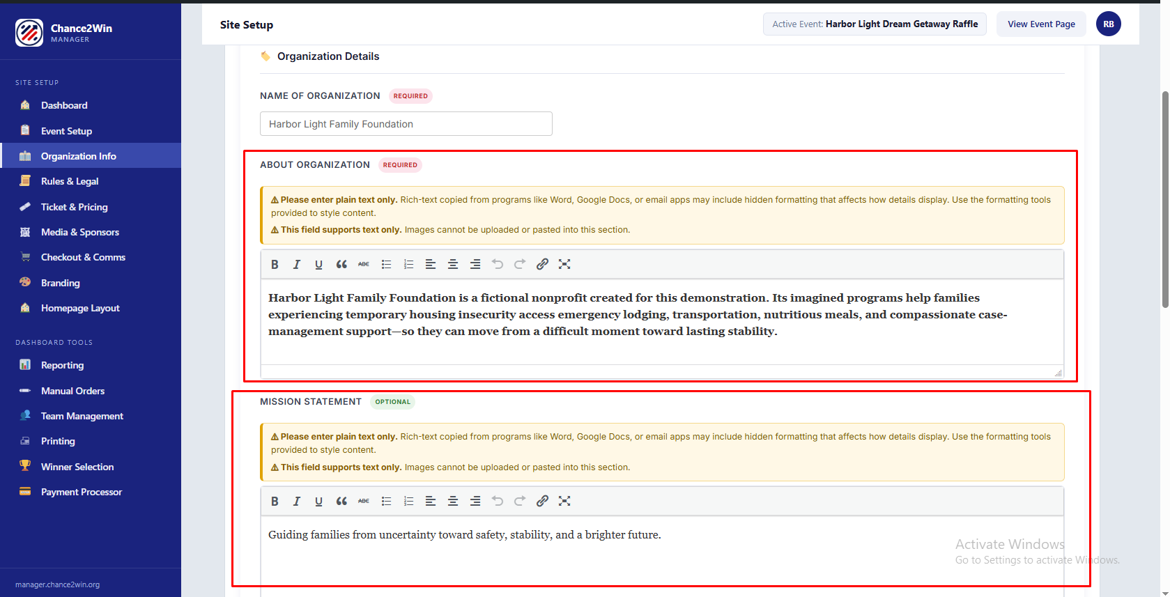 Organization Info panel with About and Mission fields