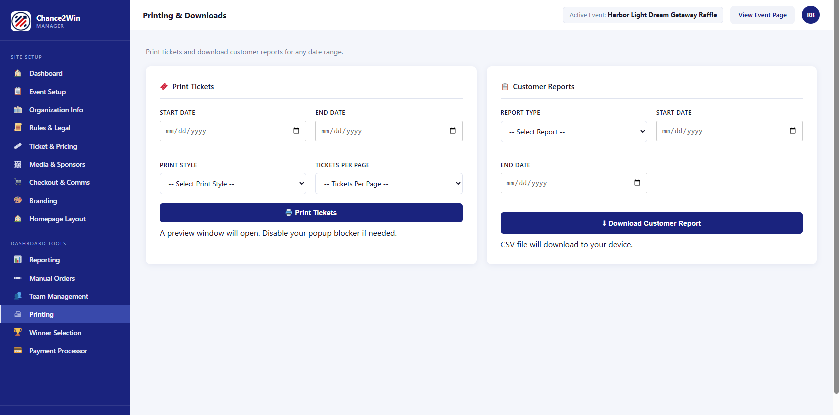 Printing & Downloads: ticket print options