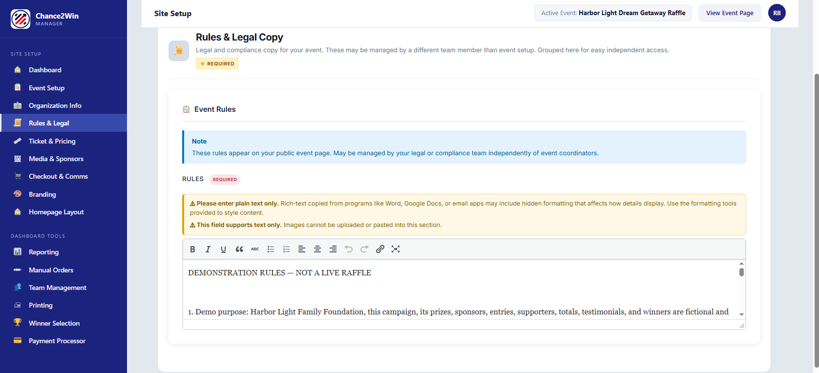 Rules & Legal Copy rich-text editor