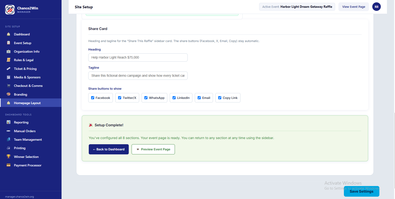 Share Card settings and auto-generated QR code