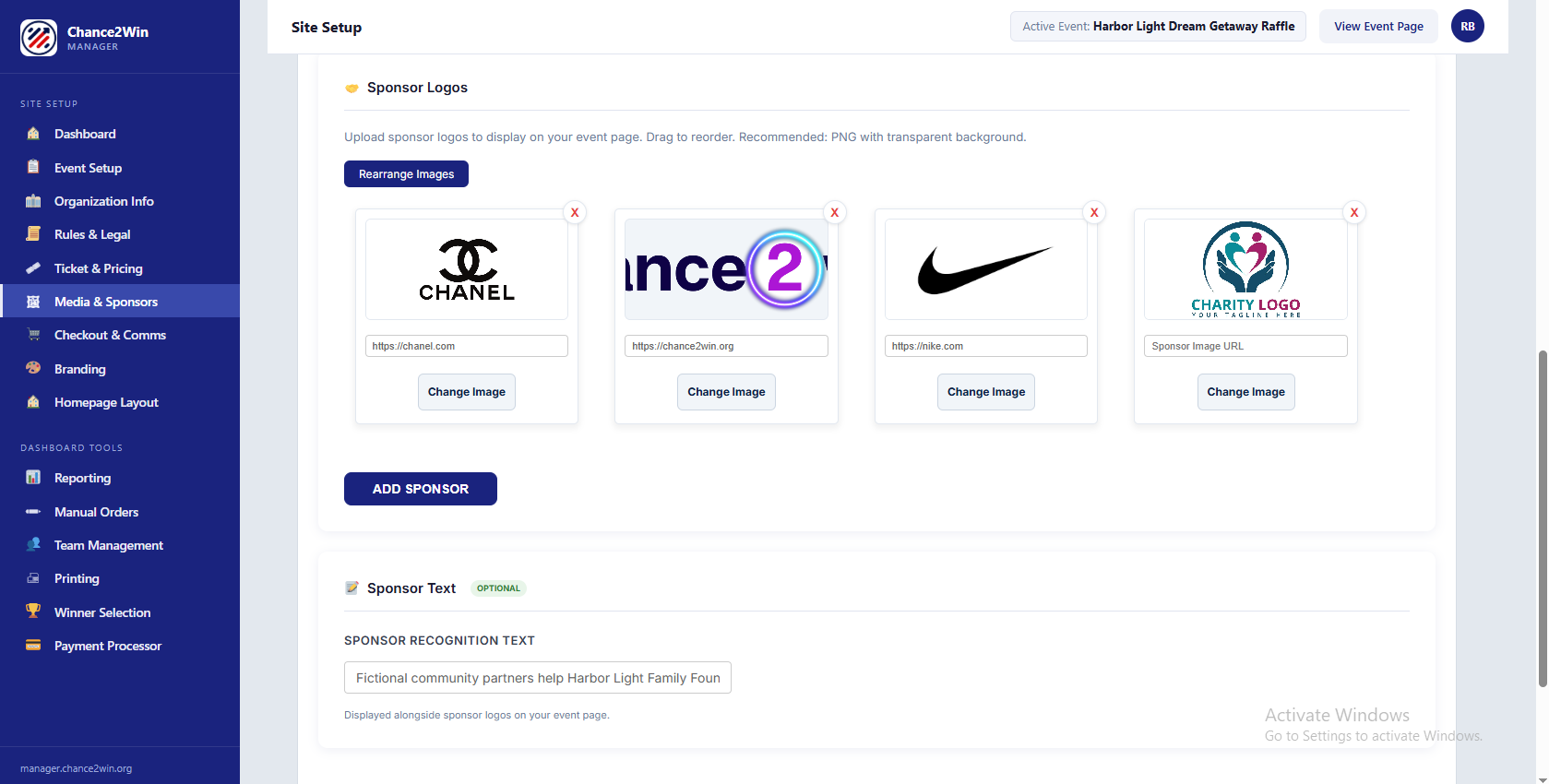 Sponsor Logos, with an optional URL and recognition text